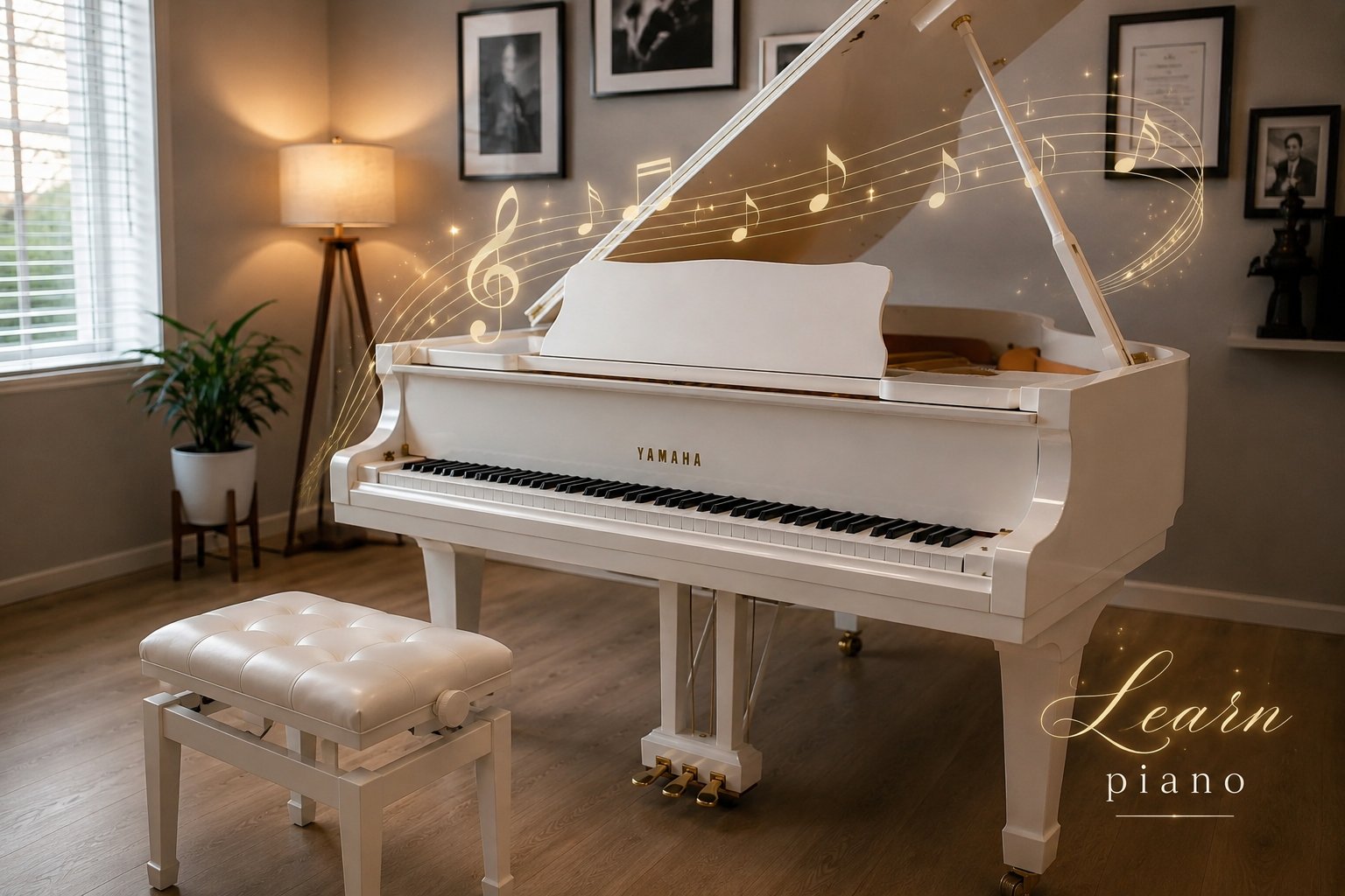 White grand piano with musical notes, Learn Piano