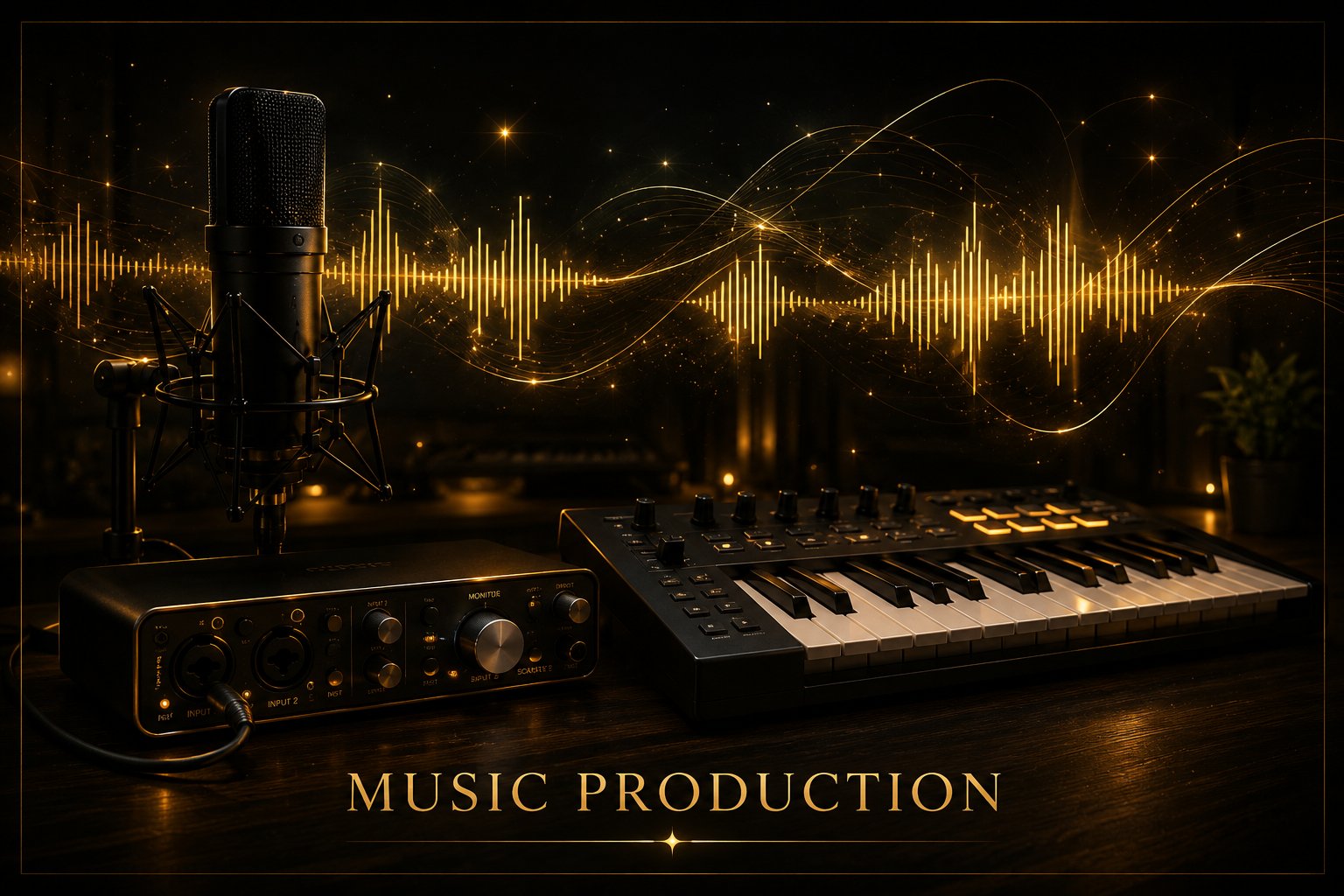 Studio microphone, audio interface and MIDI keyboard, Music Production